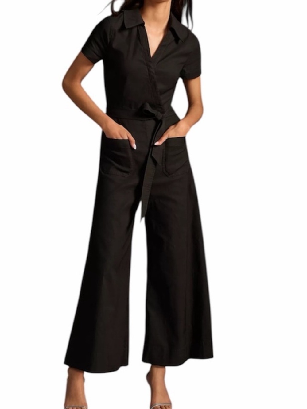 Mauve Black Short-Sleeve Collared Wide-Leg Jumpsuit with Waist Tie